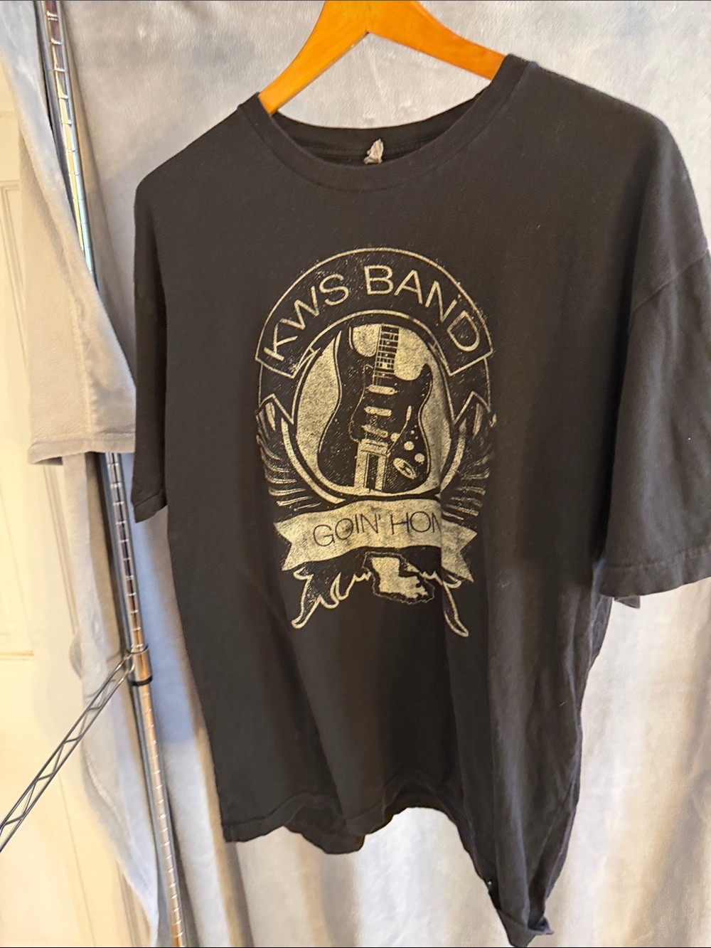 Black Graphic Band T‑Shirt with Silver Guitar Print